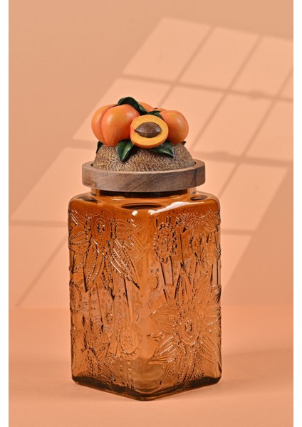 El Yapımı Özel Tasarım Kavanoz - 1000 ml - Vakumlu Ahşap Kapaklı (Kayısı Detaylı) - Medium Amber Çiçekli Kare Cam - Mutfak ve Ev Dekorasyonu