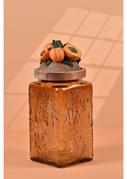 El Yapımı Özel Tasarım Kavanoz - 1000 ml - Vakumlu Ahşap Kapaklı (Kayısı Detaylı) - Medium Amber Çiçekli Kare Cam - Mutfak ve Ev Dekorasyonu modelleri