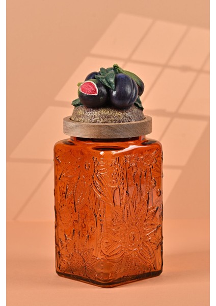 El Yapımı Özel Tasarım Kavanoz - 1000 ml - Vakumlu Ahşap Kapaklı (İncir Detaylı) - Dark Amber Çiçekli Kare Cam - Mutfak ve Ev Dekorasyonu