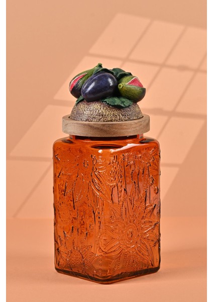 El Yapımı Özel Tasarım Kavanoz - 1000 ml - Vakumlu Ahşap Kapaklı (İncir Detaylı) - Dark Amber Çiçekli Kare Cam - Mutfak ve Ev Dekorasyonu fiyatları