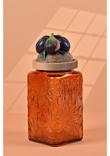 El Yapımı Özel Tasarım Kavanoz - 1000 ml - Vakumlu Ahşap Kapaklı (İncir Detaylı) - Dark Amber Çiçekli Kare Cam - Mutfak ve Ev Dekorasyonu modelleri