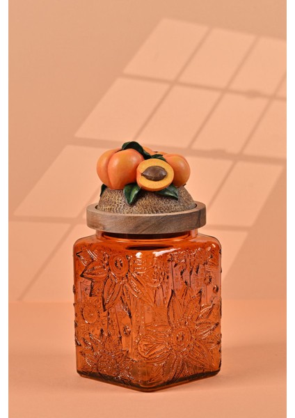 El Yapımı Özel Tasarım Kavanoz - 700 ml - Vakumlu Ahşap Kapaklı (Kayısı Detaylı) - Dark Amber Çiçekli Kare Cam - Mutfak ve Ev Dekorasyonu