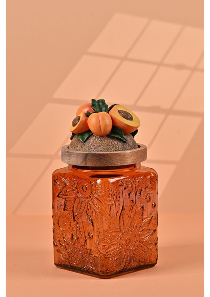 El Yapımı Özel Tasarım Kavanoz - 700 ml - Vakumlu Ahşap Kapaklı (Kayısı Detaylı) - Dark Amber Çiçekli Kare Cam - Mutfak ve Ev Dekorasyonu fiyatları