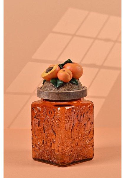 El Yapımı Özel Tasarım Kavanoz - 700 ml - Vakumlu Ahşap Kapaklı (Kayısı Detaylı) - Dark Amber Çiçekli Kare Cam - Mutfak ve Ev Dekorasyonu modelleri