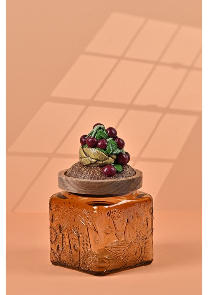 El Yapımı Özel Tasarım Kavanoz - 500 ml - Vakumlu Ahşap Kapaklı (Vişne Detaylı) - Medium Amber Çiçekli Kare Cam - Mutfak ve Ev Dekorasyonu modelleri