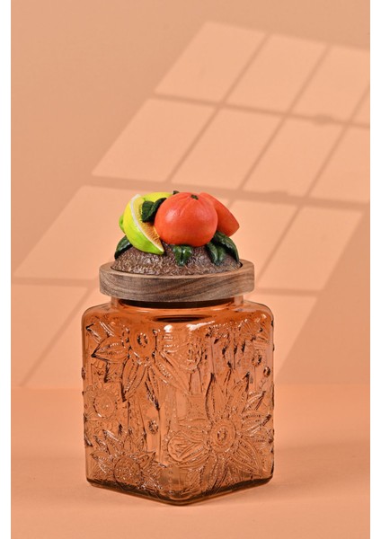 El Yapımı Özel Tasarım Kavanoz - 700 ml - Vakumlu Ahşap Kapaklı (Portakal Detaylı) - Light Amber Çiçekli Kare Cam - Mutfak ve Ev Dekorasyonu fiyatları