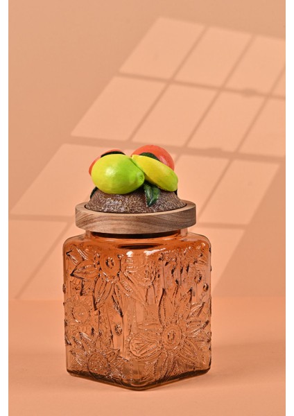 El Yapımı Özel Tasarım Kavanoz - 700 ml - Vakumlu Ahşap Kapaklı (Portakal Detaylı) - Light Amber Çiçekli Kare Cam - Mutfak ve Ev Dekorasyonu modelleri