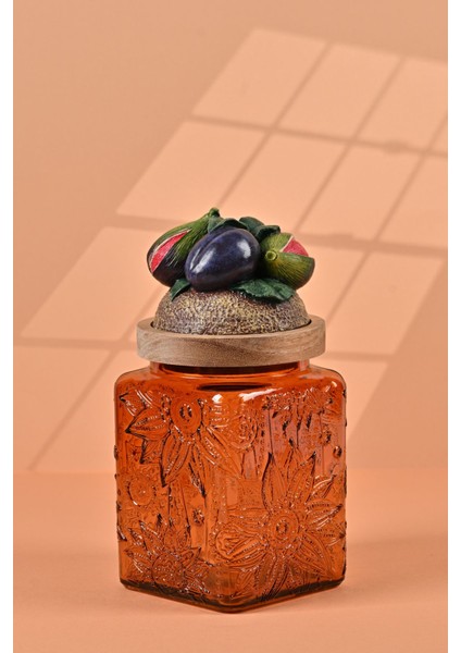 El Yapımı Özel Tasarım Kavanoz - 700 ml - Vakumlu Ahşap Kapaklı (İncir Detaylı) - Dark Amber Çiçekli Kare Cam - Mutfak ve Ev Dekorasyonu fiyatları