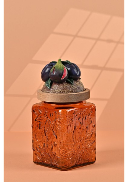 El Yapımı Özel Tasarım Kavanoz - 700 ml - Vakumlu Ahşap Kapaklı (İncir Detaylı) - Dark Amber Çiçekli Kare Cam - Mutfak ve Ev Dekorasyonu modelleri