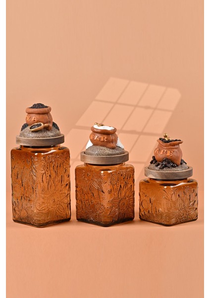 El Yapımı Özel Tasarım Çay Kahve Şeker Kavanozu - 3'lü Set - Vakumlu Ahşap Kapaklı (Turuncu Detaylı) - Medium Amber Çiçekli Cam - Mutfak ve Ev Dekorasyonu fırsatları