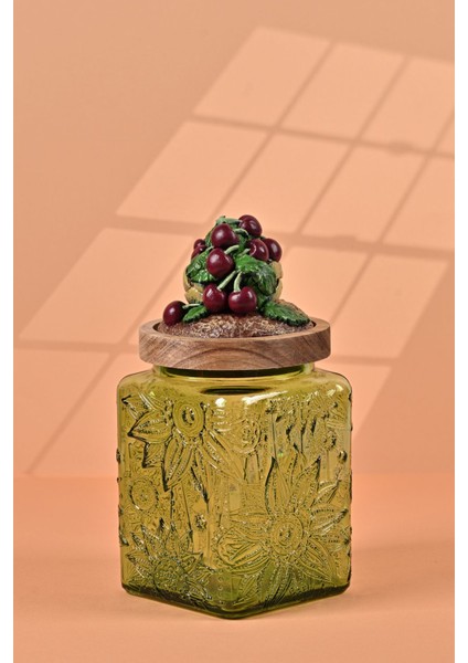 El Yapımı Özel Tasarım Kavanoz - 700 ml - Vakumlu Ahşap Kapaklı (Vişne Detaylı) - Yeşil Çiçekli Kare Cam - Mutfak ve Ev Dekorasyonu