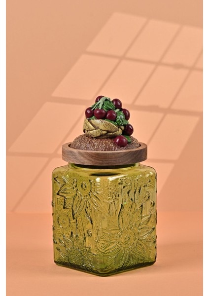 El Yapımı Özel Tasarım Kavanoz - 700 ml - Vakumlu Ahşap Kapaklı (Vişne Detaylı) - Yeşil Çiçekli Kare Cam - Mutfak ve Ev Dekorasyonu fiyatları