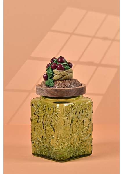 El Yapımı Özel Tasarım Kavanoz - 700 ml - Vakumlu Ahşap Kapaklı (Vişne Detaylı) - Yeşil Çiçekli Kare Cam - Mutfak ve Ev Dekorasyonu modelleri