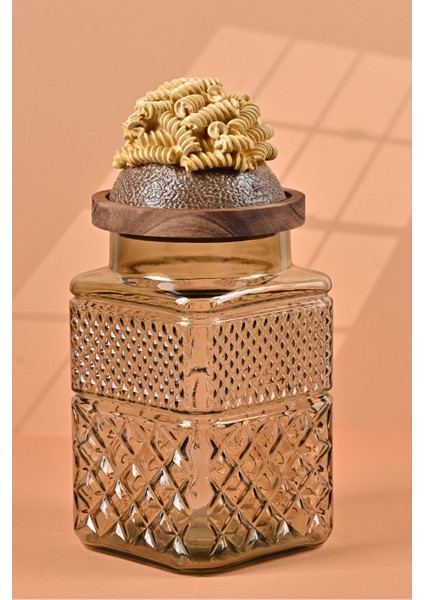 El Yapımı Özel Tasarım Kavanoz - 1800 ml - Vakumlu Ahşap Kapaklı (Burgu Makarna Detaylı) - Light Yeşil Cam - Mutfak ve Ev Dekorasyonu