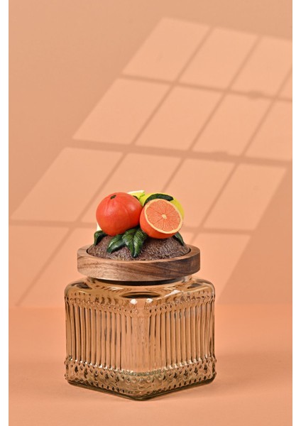 El Yapımı Özel Tasarım Kavanoz - 500 ml - Vakumlu Ahşap Kapaklı (Portakal Detaylı) - Light Yeşil Çizgili Cam - Mutfak ve Ev Dekorasyonu