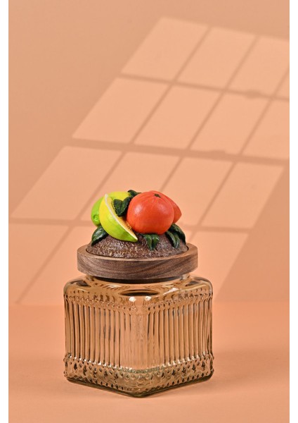 El Yapımı Özel Tasarım Kavanoz - 500 ml - Vakumlu Ahşap Kapaklı (Portakal Detaylı) - Light Yeşil Çizgili Cam - Mutfak ve Ev Dekorasyonu fiyatları