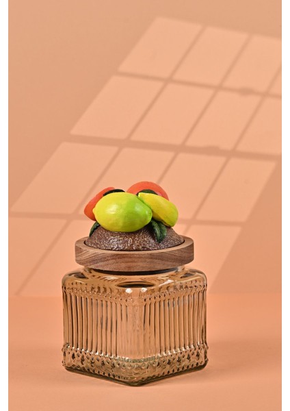 El Yapımı Özel Tasarım Kavanoz - 500 ml - Vakumlu Ahşap Kapaklı (Portakal Detaylı) - Light Yeşil Çizgili Cam - Mutfak ve Ev Dekorasyonu modelleri