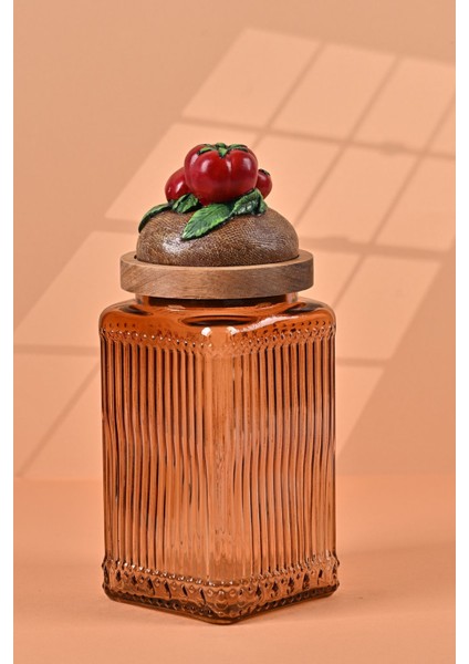 El Yapımı Özel Tasarım Kavanoz - 1000 ml - Vakumlu Ahşap Kapaklı (Domates Detaylı) - Light Amber Çizgili Cam - Mutfak ve Ev Dekorasyonu