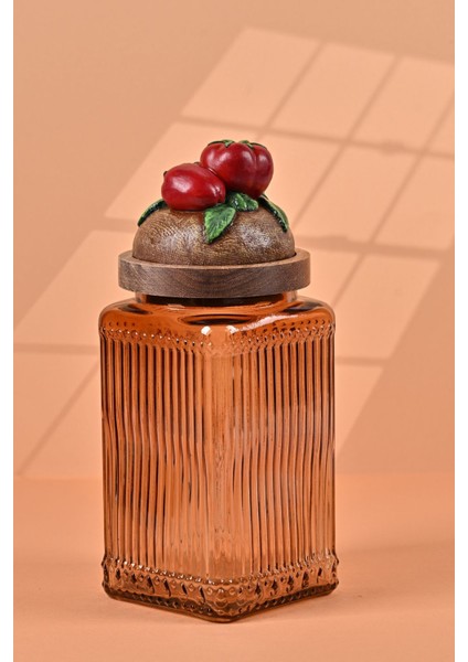 El Yapımı Özel Tasarım Kavanoz - 1000 ml - Vakumlu Ahşap Kapaklı (Domates Detaylı) - Light Amber Çizgili Cam - Mutfak ve Ev Dekorasyonu fiyatları