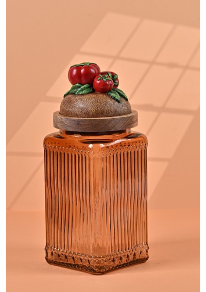El Yapımı Özel Tasarım Kavanoz - 1000 ml - Vakumlu Ahşap Kapaklı (Domates Detaylı) - Light Amber Çizgili Cam - Mutfak ve Ev Dekorasyonu modelleri