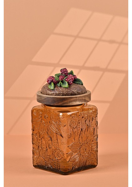 El Yapımı Özel Tasarım Kavanoz - 700 ml - Vakumlu Ahşap Kapaklı (Böğürtlen Detaylı) - Medium Amber Çiçekli Kare Cam - Mutfak ve Ev Dekorasyonu Medium Amber