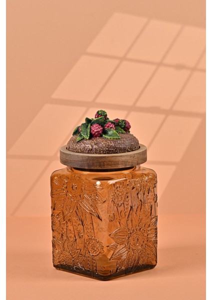 El Yapımı Özel Tasarım Kavanoz - 700 ml - Vakumlu Ahşap Kapaklı (Böğürtlen Detaylı) - Medium Amber Çiçekli Kare Cam - Mutfak ve Ev Dekorasyonu Medium Amber modelleri