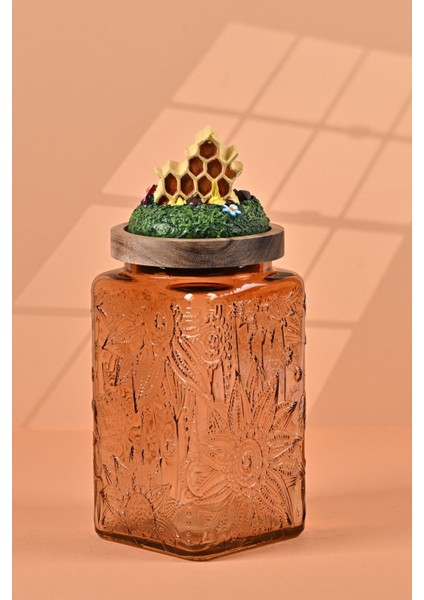 El Yapımı Özel Tasarım Bal Kavanoz - 1000 ml - Vakumlu Ahşap Kapaklı (Bal ve Arı Detaylı) - Light Amber Çiçekli Kare Cam - Mutfak ve Ev Dekorasyonu fırsatları