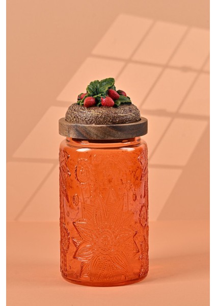 El Yapımı Özel Tasarım Kavanoz - 1000 ml - Vakumlu Ahşap Kapaklı (Çilek Detaylı) - Turuncu Çiçekli Yuvarlak Cam - Mutfak ve Ev Dekorasyonu fırsatları