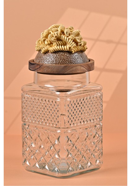 El Yapımı Özel Tasarım Kavanoz - 1800 ml - Vakumlu Ahşap Kapaklı (Burgu Makarna Detaylı) - Şeffaf Cam - Mutfak ve Ev Dekorasyonu