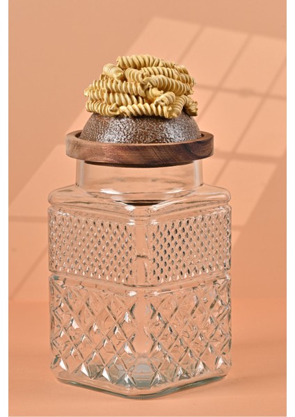 El Yapımı Özel Tasarım Kavanoz - 1800 ml - Vakumlu Ahşap Kapaklı (Burgu Makarna Detaylı) - Şeffaf Cam - Mutfak ve Ev Dekorasyonu fiyatları