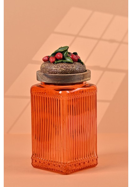 El Yapımı Özel Tasarım Kavanoz - 1000 ml - Vakumlu Ahşap Kapaklı (Çilek Detaylı) - Turuncu Çizgili Cam - Mutfak ve Ev Dekorasyonu modelleri