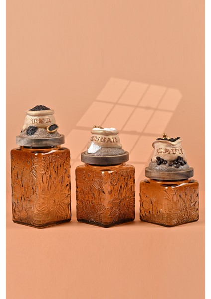 El Yapımı Özel Tasarım Çay Kahve Şeker Kavanozu - 3'lü Set - Vakumlu Ahşap Kapaklı (Dore Detaylı) - Medium Amber Çiçekli Cam - Mutfak ve Ev Dekorasyonu fiyatları