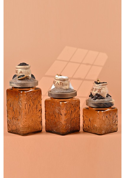 El Yapımı Özel Tasarım Çay Kahve Şeker Kavanozu - 3'lü Set - Vakumlu Ahşap Kapaklı (Dore Detaylı) - Medium Amber Çiçekli Cam - Mutfak ve Ev Dekorasyonu fırsatları