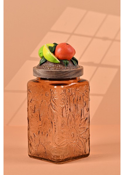 El Yapımı Özel Tasarım Kavanoz - 1000 ml - Vakumlu Ahşap Kapaklı (Portakal Detaylı) - Light Amber Çiçekli Kare Cam - Mutfak ve Ev Dekorasyonu fiyatları