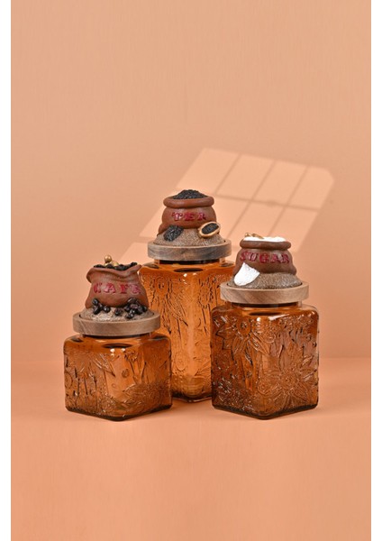 El Yapımı Özel Tasarım Çay Kahve Şeker Kavanozu - 3'lü Set - Vakumlu Ahşap Kapaklı (Kahverengi Detaylı) - Medium Amber Çiçekli Cam - Mutfak ve Ev Dekorasyonu