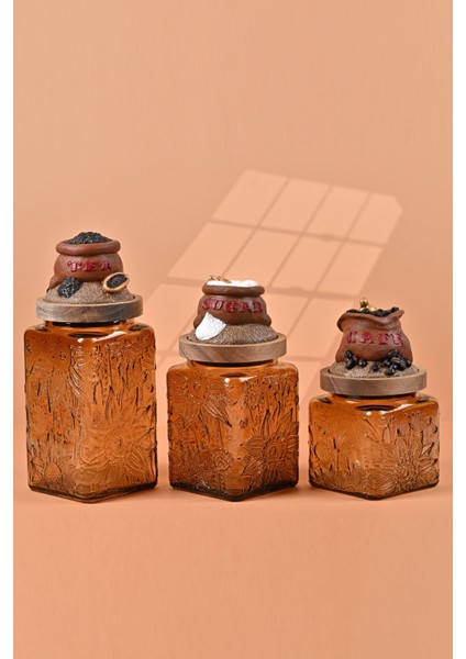 El Yapımı Özel Tasarım Çay Kahve Şeker Kavanozu - 3'lü Set - Vakumlu Ahşap Kapaklı (Kahverengi Detaylı) - Medium Amber Çiçekli Cam - Mutfak ve Ev Dekorasyonu fiyatları