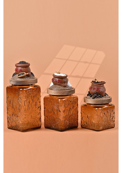 El Yapımı Özel Tasarım Çay Kahve Şeker Kavanozu - 3'lü Set - Vakumlu Ahşap Kapaklı (Kahverengi Detaylı) - Medium Amber Çiçekli Cam - Mutfak ve Ev Dekorasyonu modelleri