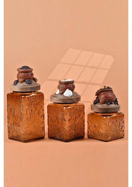 El Yapımı Özel Tasarım Çay Kahve Şeker Kavanozu - 3'lü Set - Vakumlu Ahşap Kapaklı (Kahverengi Detaylı) - Medium Amber Çiçekli Cam - Mutfak ve Ev Dekorasyonu fırsatları