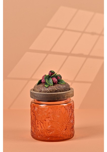 El Yapımı Özel Tasarım Kavanoz - 500 ml - Vakumlu Ahşap Kapaklı (Böğürtlen Detaylı) - Turuncu Çiçekli Yuvarlak Cam - Mutfak ve Ev Dekorasyonu Turuncu fiyatları