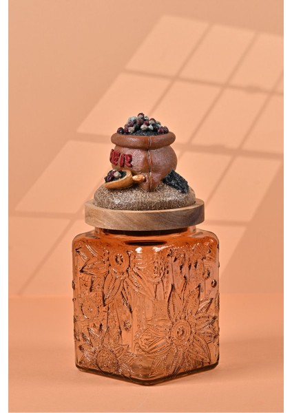 El Yapımı Özel Tasarım Karabiber Baharat Kavanozu - 700 ml - Vakumlu Ahşap Kapaklı (Kahverengi Detaylı) - Light Amber Çiçekli Cam - Mutfak ve Ev Dekorasyonu modelleri