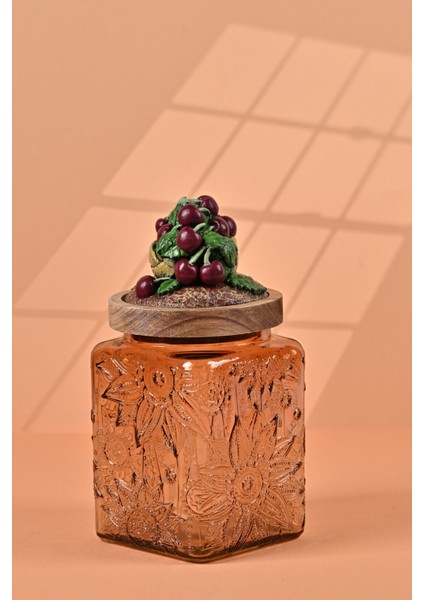 El Yapımı Özel Tasarım Kavanoz - 700 ml - Vakumlu Ahşap Kapaklı (Vişne Detaylı) - Light Amber Çiçekli Kare Cam - Mutfak ve Ev Dekorasyonu