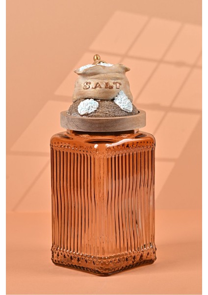El Yapımı Özel Tasarım Tuz Baharat Kavanozu - 1000 ml -Vakumlu Ahşap Kapaklı (Dore Detaylı) - Light Amber Çizgili Cam - Mutfak ve Ev Dekorasyonu