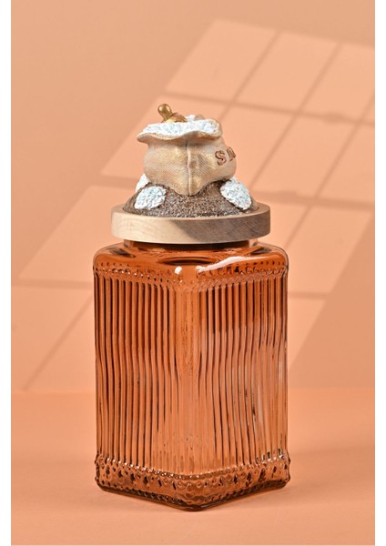 El Yapımı Özel Tasarım Tuz Baharat Kavanozu - 1000 ml -Vakumlu Ahşap Kapaklı (Dore Detaylı) - Light Amber Çizgili Cam - Mutfak ve Ev Dekorasyonu fiyatları