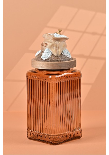 El Yapımı Özel Tasarım Tuz Baharat Kavanozu - 1000 ml -Vakumlu Ahşap Kapaklı (Dore Detaylı) - Light Amber Çizgili Cam - Mutfak ve Ev Dekorasyonu modelleri