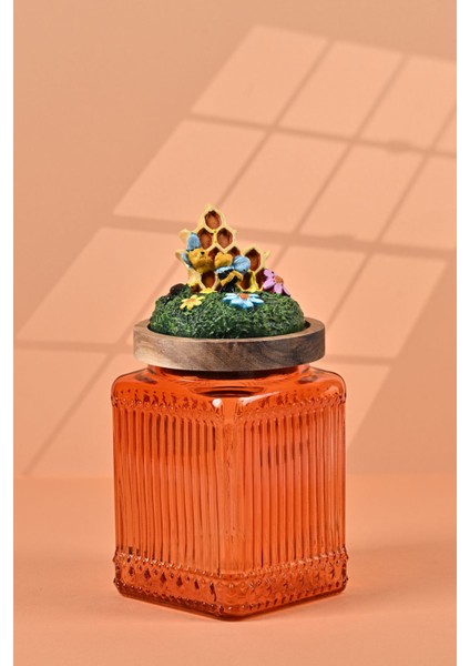 El Yapımı Özel Tasarım Bal Kavanozu - 700 ml - Vakumlu Ahşap Kapaklı (Bal ve Arı Detaylı) - Turuncu Çizgili Cam - Mutfak ve Ev Dekorasyonu