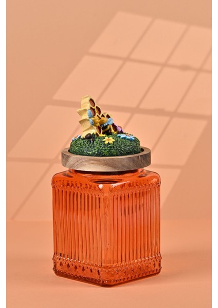 El Yapımı Özel Tasarım Bal Kavanozu - 700 ml - Vakumlu Ahşap Kapaklı (Bal ve Arı Detaylı) - Turuncu Çizgili Cam - Mutfak ve Ev Dekorasyonu fiyatları