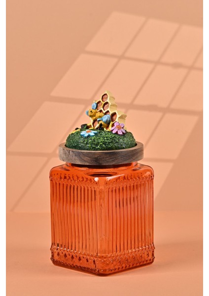 El Yapımı Özel Tasarım Bal Kavanozu - 700 ml - Vakumlu Ahşap Kapaklı (Bal ve Arı Detaylı) - Turuncu Çizgili Cam - Mutfak ve Ev Dekorasyonu modelleri