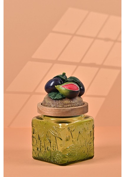 El Yapımı Özel Tasarım Kavanoz - 500 ml - Vakumlu Ahşap Kapaklı (İncir Detaylı) - Yeşil Çiçekli Kare Cam - Mutfak ve Ev Dekorasyonu