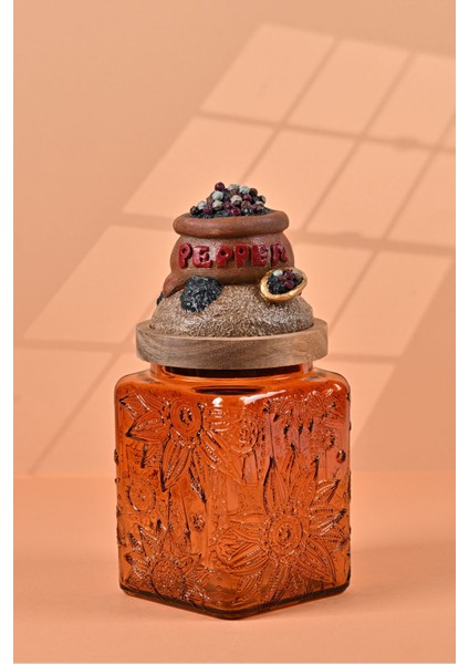 El Yapımı Özel Tasarım Karabiber Baharat Kavanozu - 700 ml - Vakumlu Ahşap Kapaklı (Kahverengi Detaylı) - Dark Amber ÇiçekliCam - Mutfak ve Ev Dekorasyonu