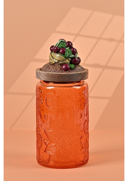 El Yapımı Özel Tasarım Kavanoz - 1000 ml - Vakumlu Ahşap Kapaklı (Vişne Detaylı) - Turuncu Çiçekli Yuvarlak Cam - Mutfak ve Ev Dekorasyonu fiyatları